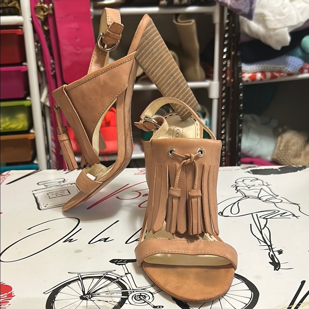 Coach Tan Leather Heels with Preppy Tassel Detail
